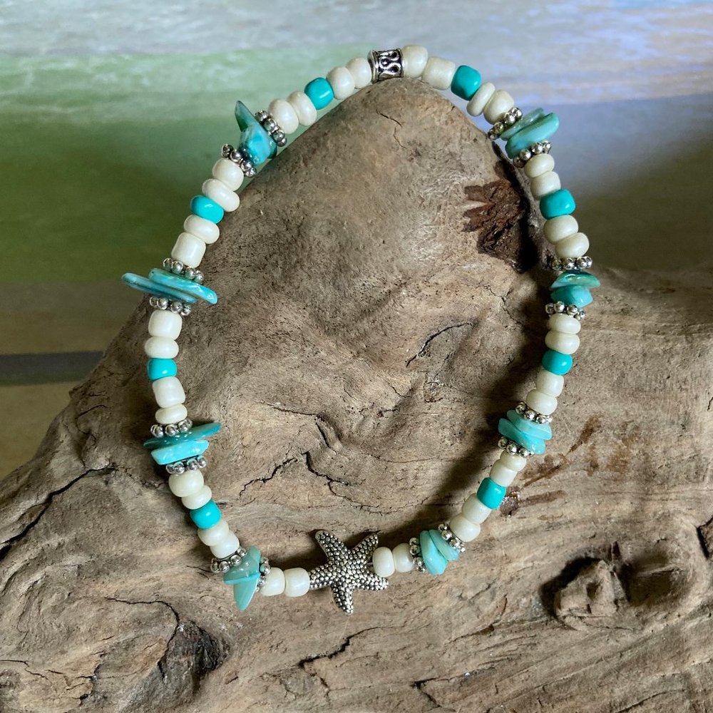 Starfish Charm Aqua and Ivory Beaded Anklet